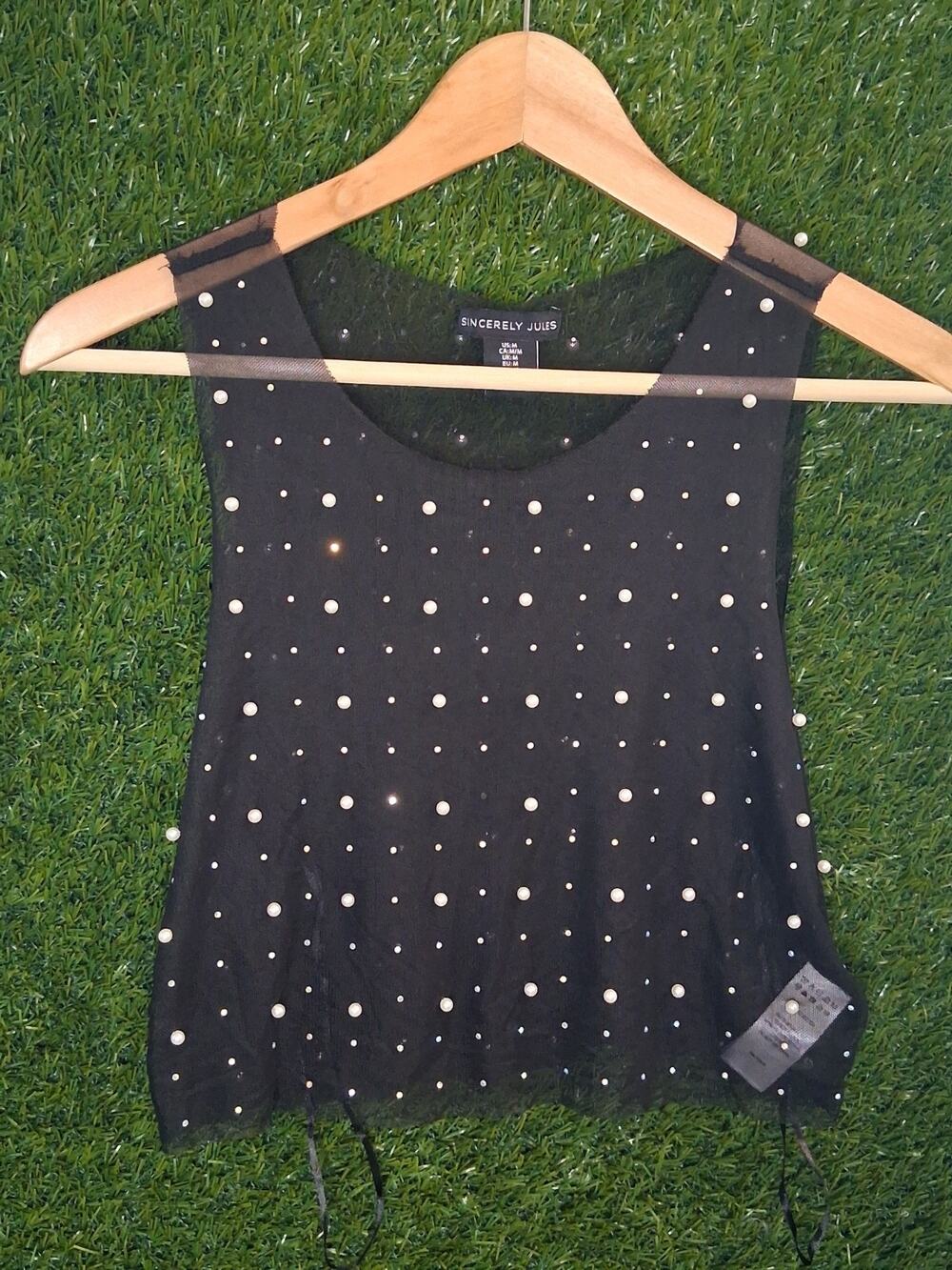 SINCERELY JULES Black Mesh Pearl Rhinestone Top Size M Sheer Embellished...